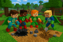 Niños superhéroes cuidando al suelo al estilo de Minecraft
