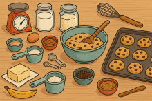 Ilustración. Superficie cubierta con los ingredientes de la receta para preparar galletas de chocolate.