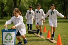 Cuatro estudiantes con túnica blanca escolar recorren un circuito al aire libre reciclando plástico y sorteando obstáculos como conos, neumáticos y tablones.