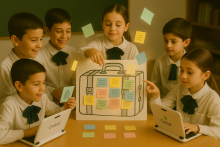 Niños de primaria organizando ideas de colores en una valija simbólica, como parte de una propuesta para aprender a resumir.
