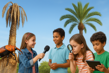 Niños entrevistándose, investigando con lupa y tablet sobre las palmeras y el picudo rojo.