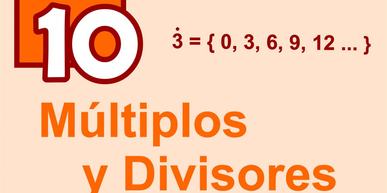 Texto: Múltiplos y divisores. Número 10 y conjunto de algunos múltiplos de 3.