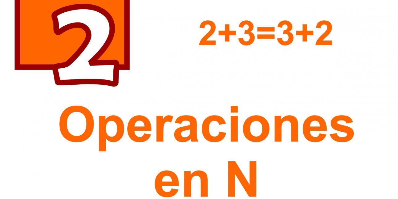 Imagen con el número 2, y el texto Operaciones en N. Aparece la expresión 2+3=3+2