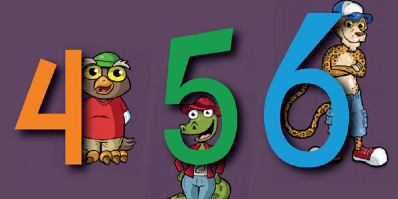 Ilustración de los números 4, 5 y 6 junto a los personajes del libro: una lechuza, un yacaré y un jaguareté.