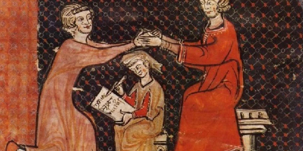 Miniatura feudal sobre la ceremonia feudal entre el vasallo y el señor