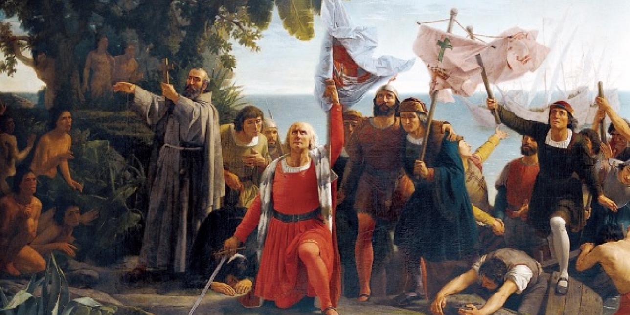 Cuadro con Colón y los españoles en el desembarco en América