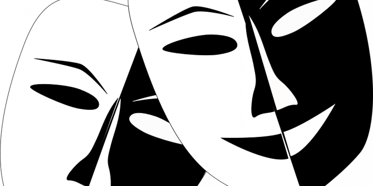 Imagen que muestra el símbolo universal del teatro: 2 máscaras representando la tragedia y la comedia