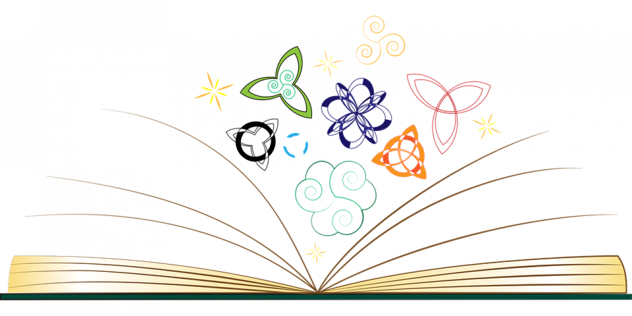 Dibujo de un libro abierto con distintos símbolos saliendo de él, simbolizando la riqueza que ofrecen la lectura y la escritura