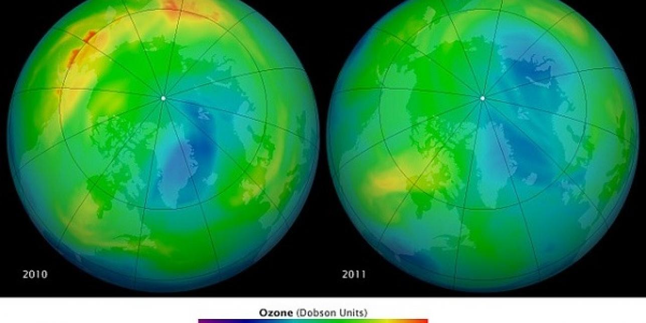 Imagen que compara 2010 y 2011 sobre la pérdida del ozono ártico