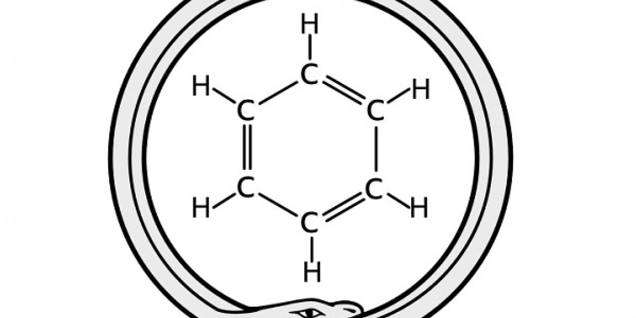 Representación de una molécula de benceno junto a la imagen de una serpiente como soñó Kekulé
