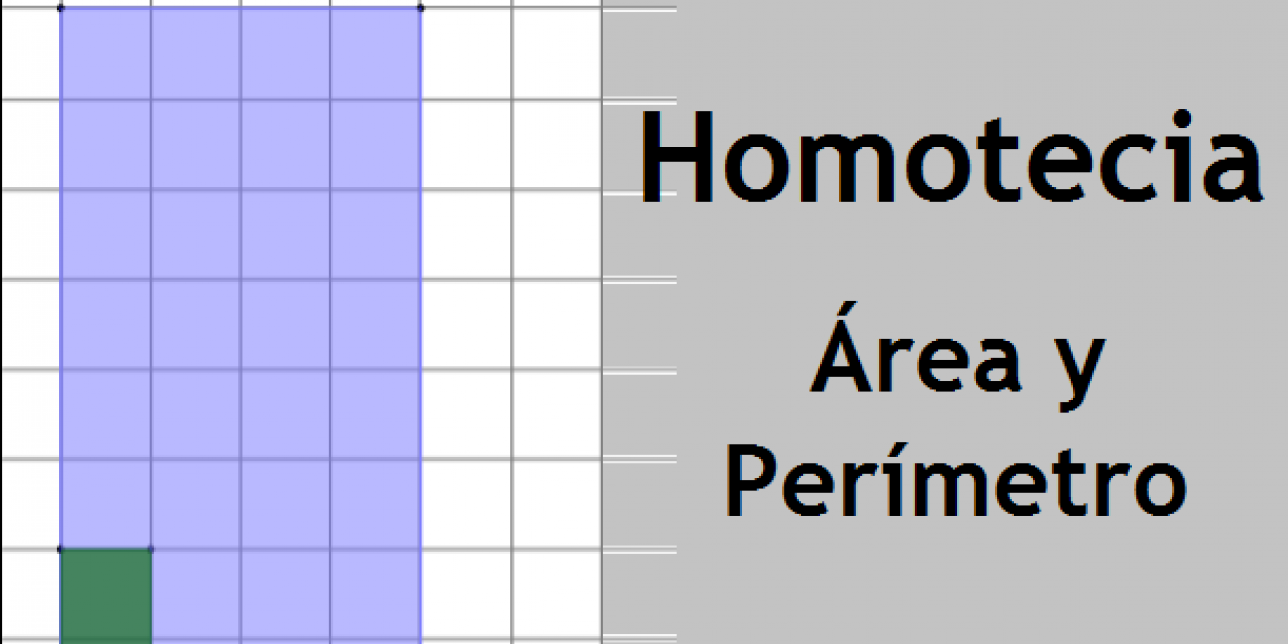 Dos rectángulos sobre cuadrícula con leyenda: Homotecia Área y Perímetro