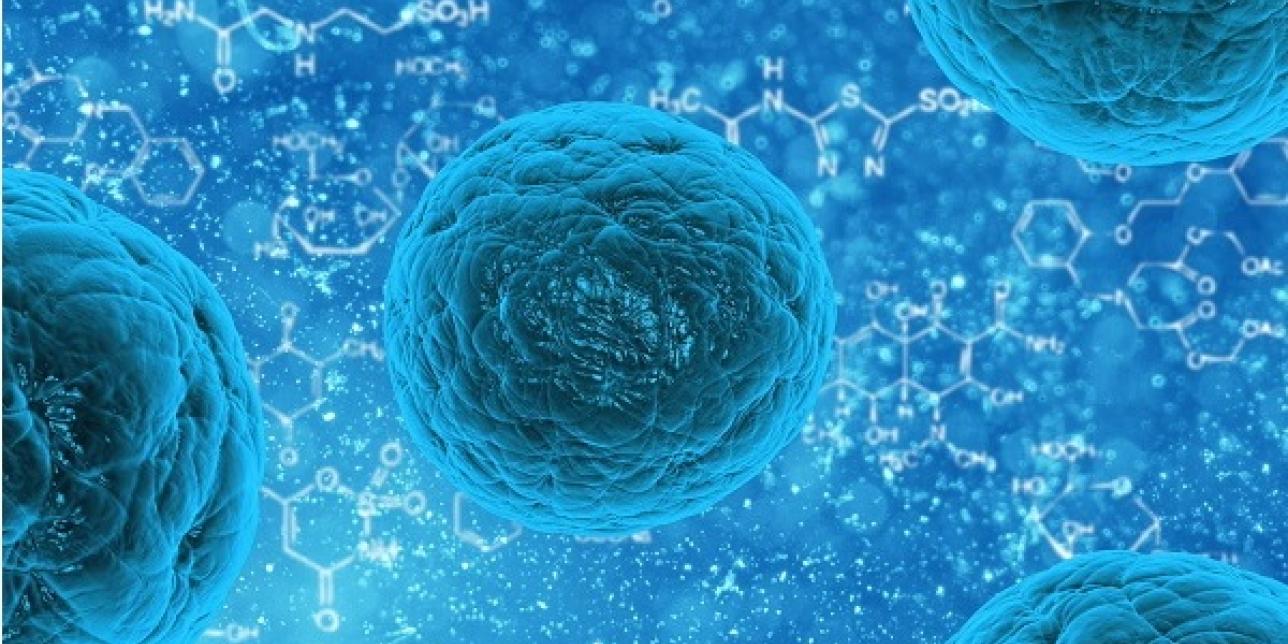 Representación de células vistas con microscopio y fórmulas químicas