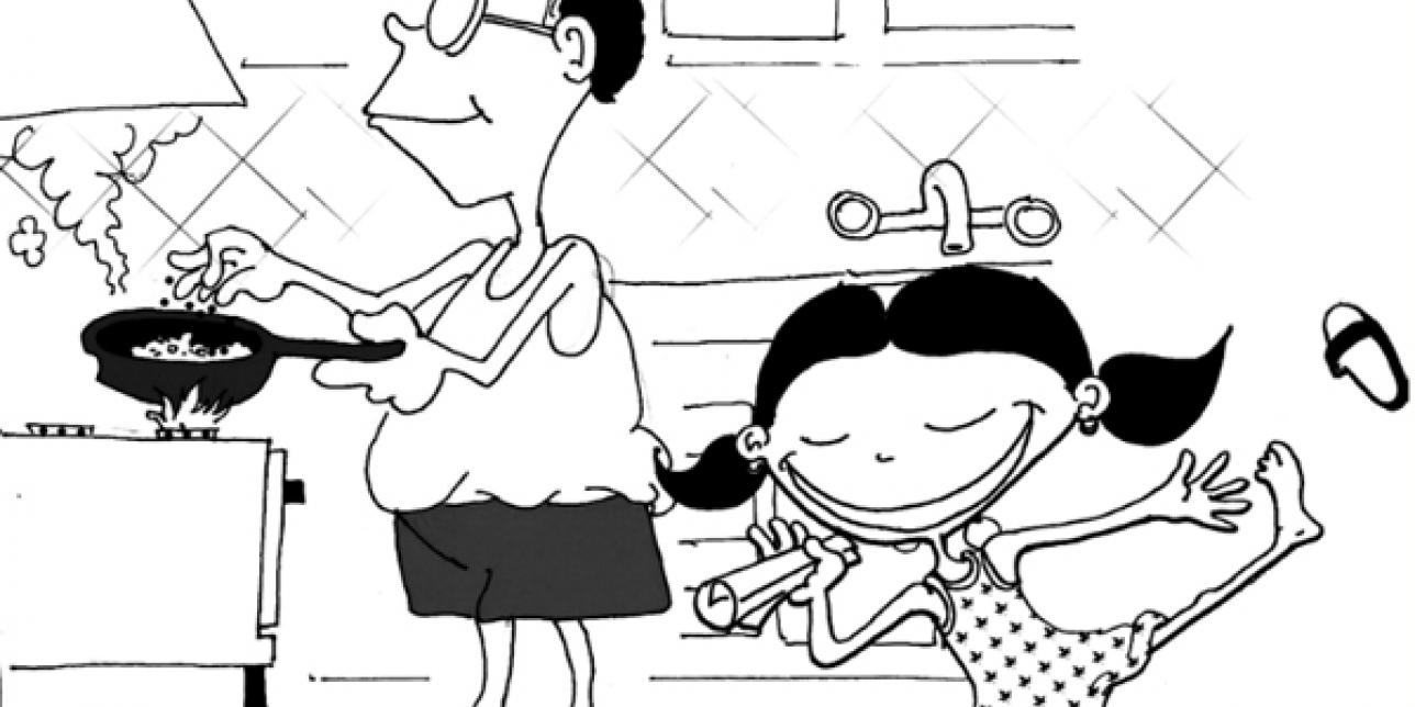 Ilustración de una niña y su padre en una cocina. 