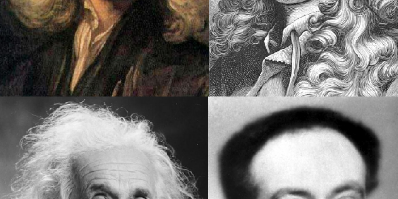Retratos de Newton, Huygens, Einstein y De Broglie