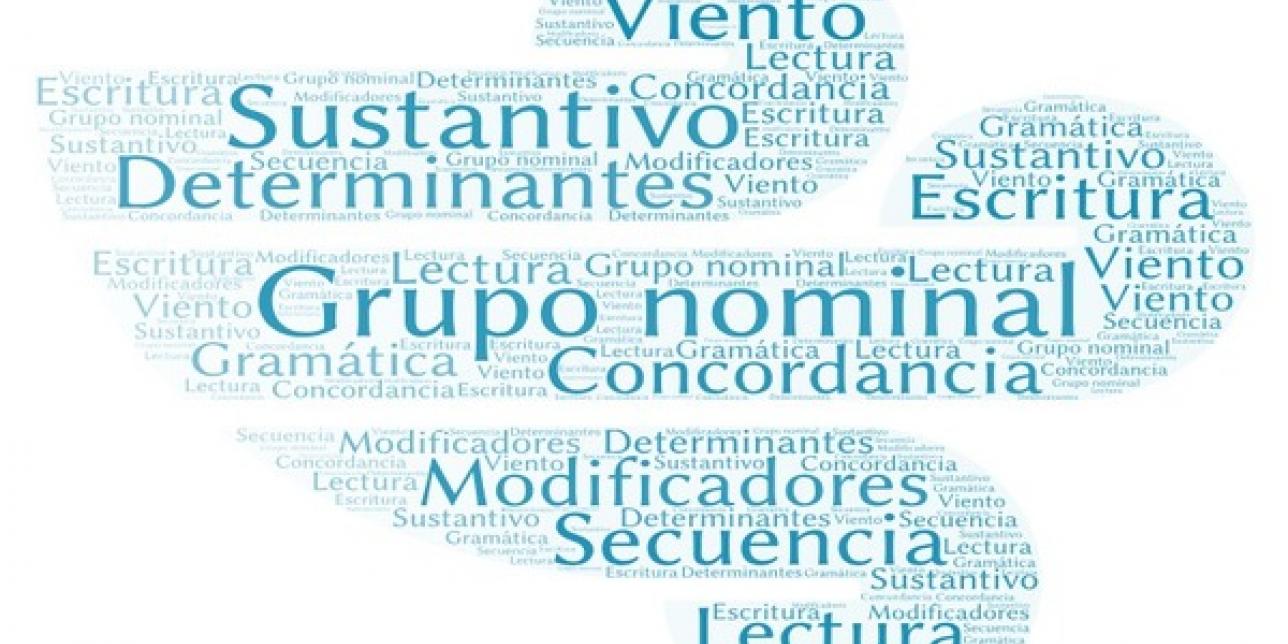 Ráfaga de viento con palabras clave sobre el contenido: "secuencia", "grupo nominal", "sustantivo", "determinantes", "modificadores, "concordancia", etc. 