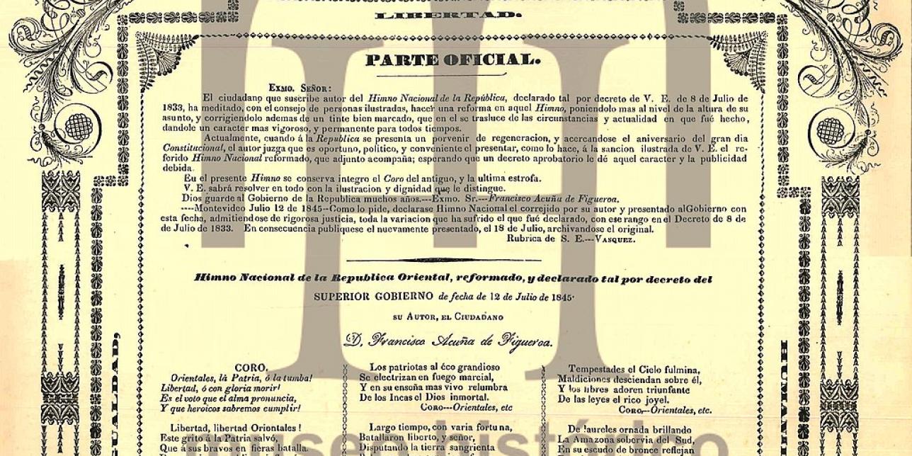 Facsímil del texto del himno uruguayo publicado en 1845 por El Nacional