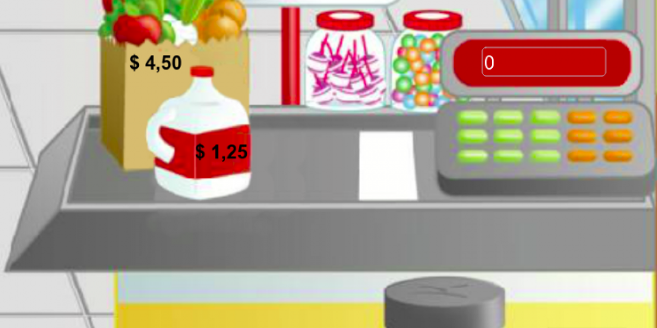 Actividad interactiva con monedas y calculadora para sumar precios con decimales