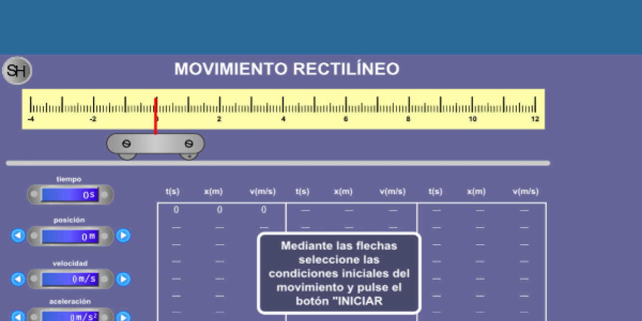 Captura de pantalla del simulador: movimiento rectilíneo