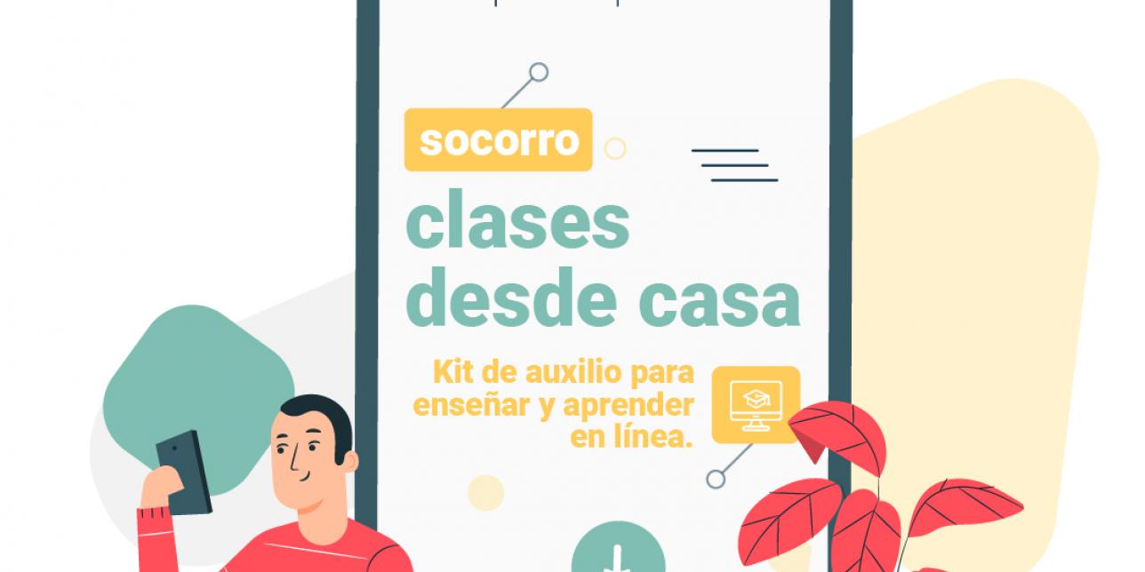 Persona con celular en mano, ícono del material que proporciona ayuda para aprender y enseñar en línea.