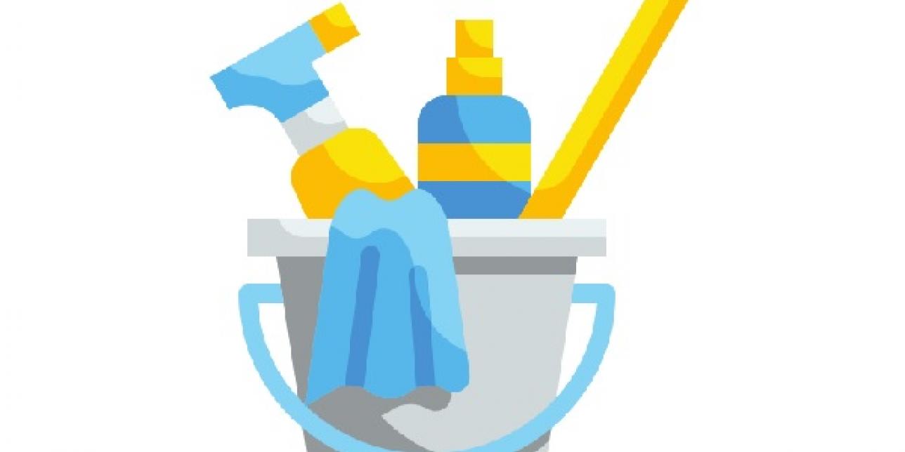 Icono de balde con productos de limpieza en su interior.