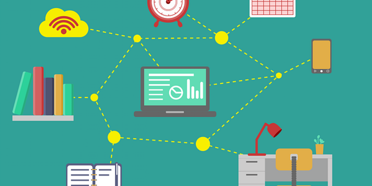 Conectividad, computadora en el medio 