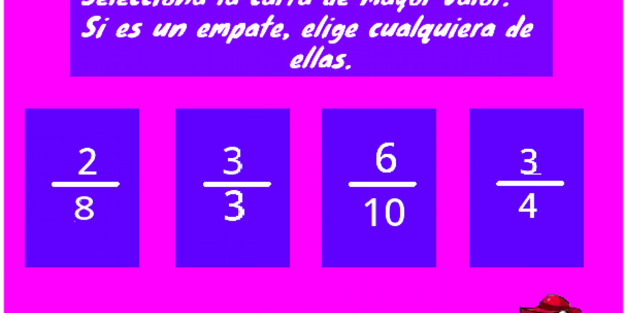 Pantalla del juego donde se exponen cuatro cartas con fracciones.