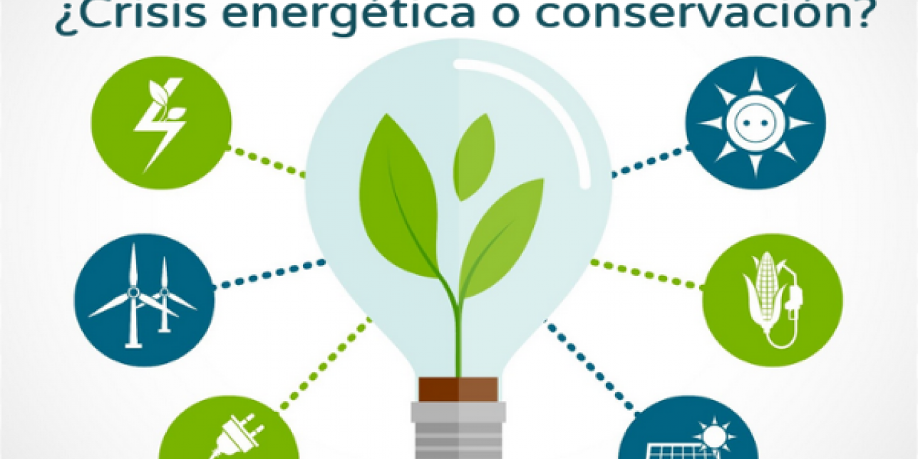 Imagen que muestra el texto del título del recurso. Una lamparita central con una planta verde en su interior y se ella salen círculos con los logos de diferentes energías renovables.