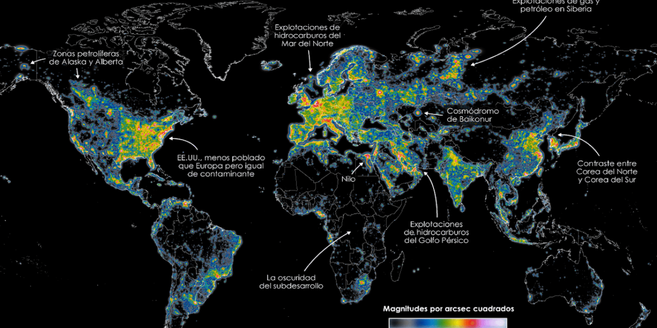 Mapa que presenta la contaminación lumínica a nivel mundial. 