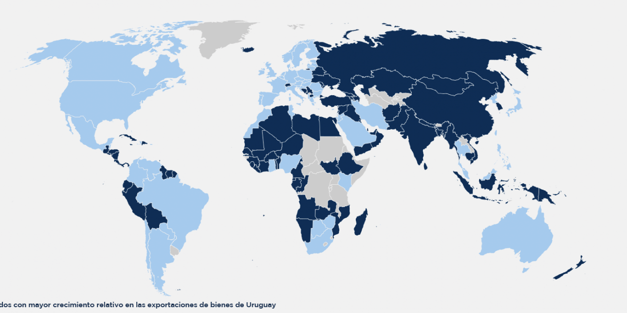 Planisferio en el que se destacan los principales destinos comerciales de Uruguay