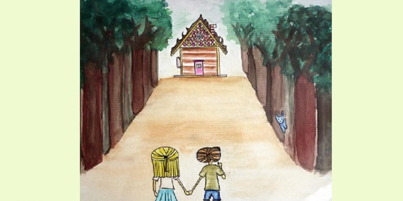 Dibujo realizado con acuarela, aparecen Hansel y Gretel de espaldas, caminando por un sendero rodeado de árboles rumbo a una casa.