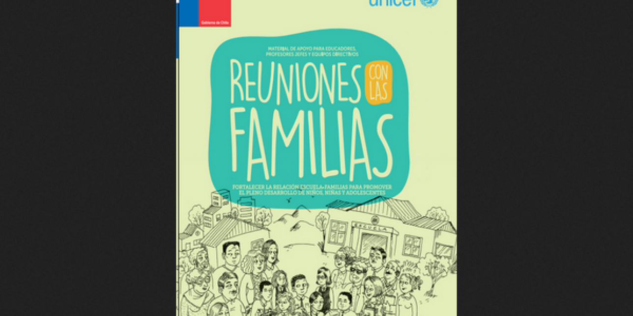 Portada con titulo y dibujo de las familias a la izquierda, frente al barrio, en el centro los estudiantes y a la derecha el personal de la escuela, frente al edificio escolar