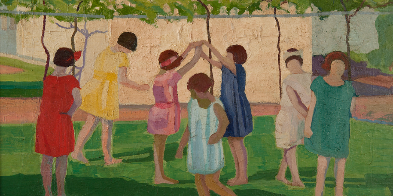Pintura de niñas jugando en un patio de Petrona Viera