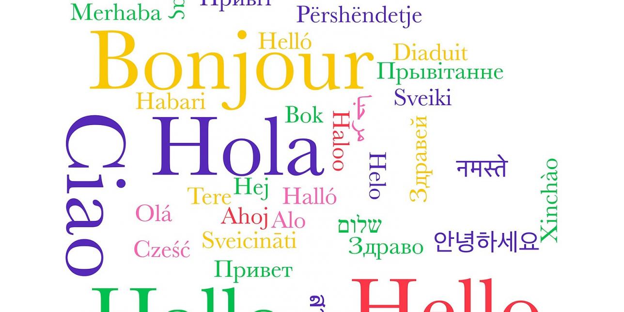 Imagen de la palabra hola en diferentes idiomas, colores y formas.
