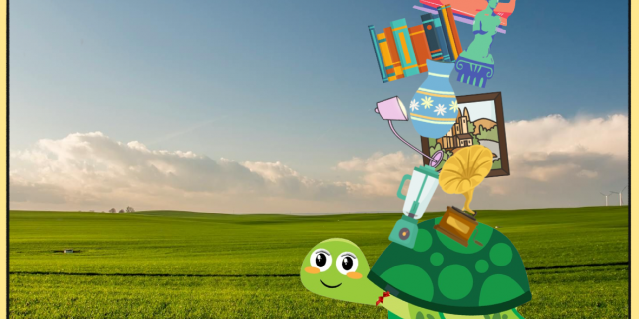 Tortuga animada con diferentes objetos sobre su caparazón