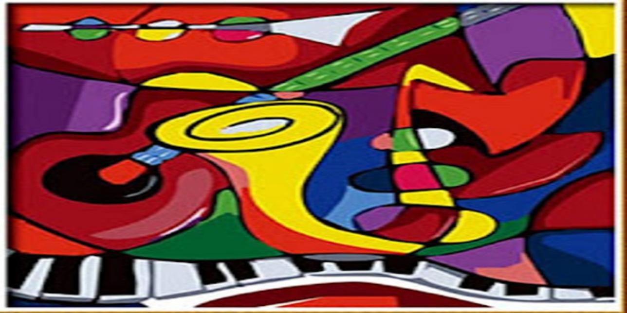 Pintura de muchos colores en dónde aparecen distintos instrumentos musicales.