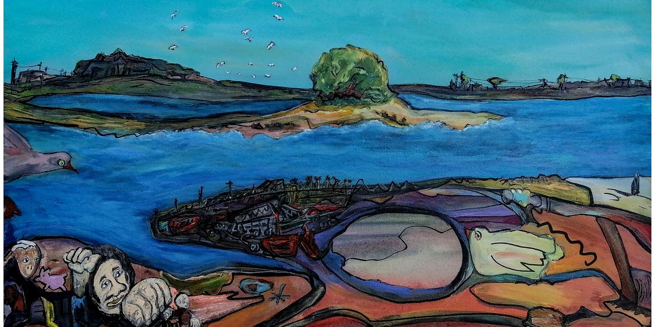 Es la pintura de una isla con su bahía.
