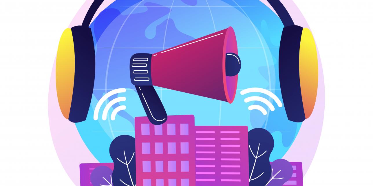 Ilustración de una edificio con un megáfono y un protector auditivo.