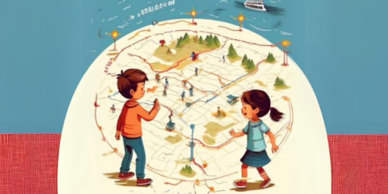 Niña y niña estudiando un mapa