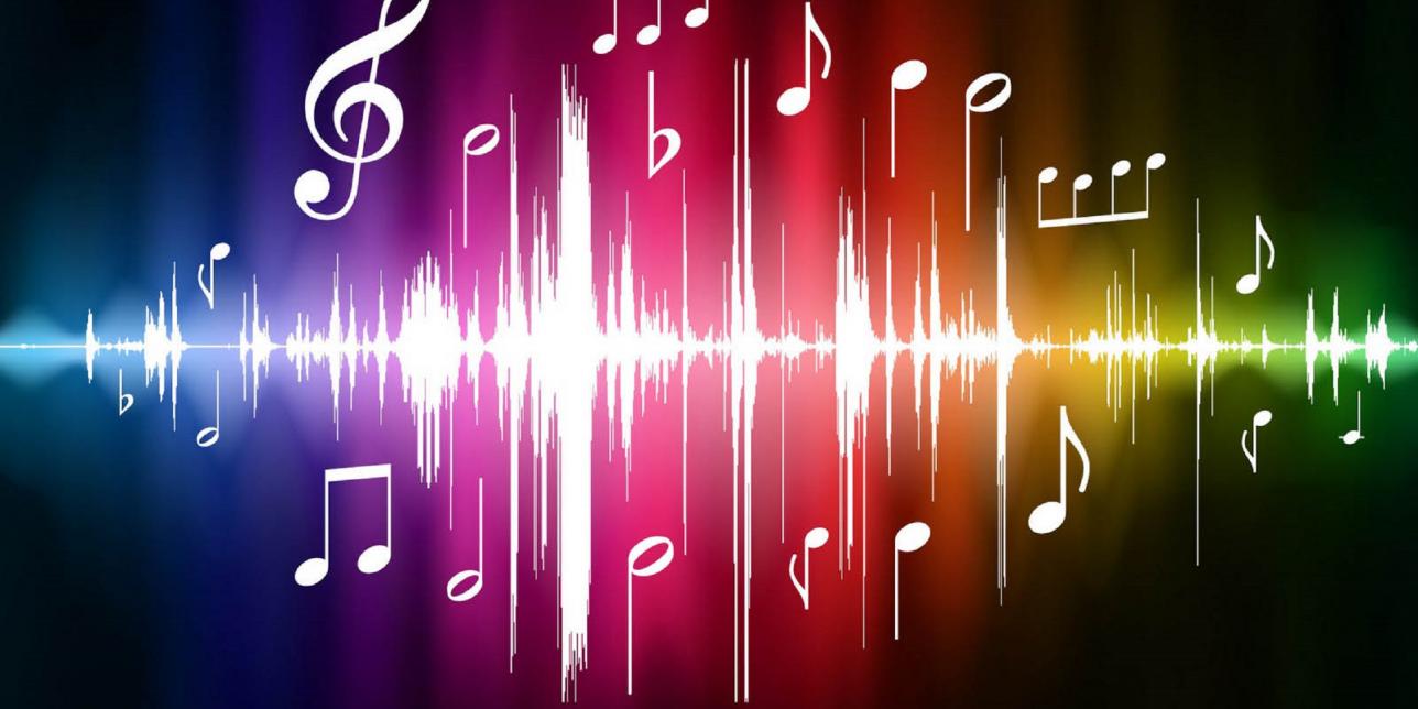 Imagen colorida con notas musicales y onda sonora