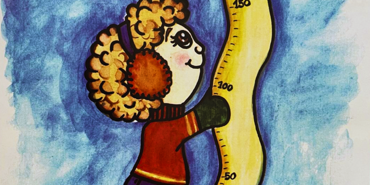 Pigo, niño protagonista del cuento, midiendo su altura.