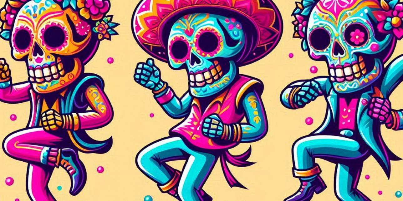 esqueletos con sombreros y chalecos bailando
