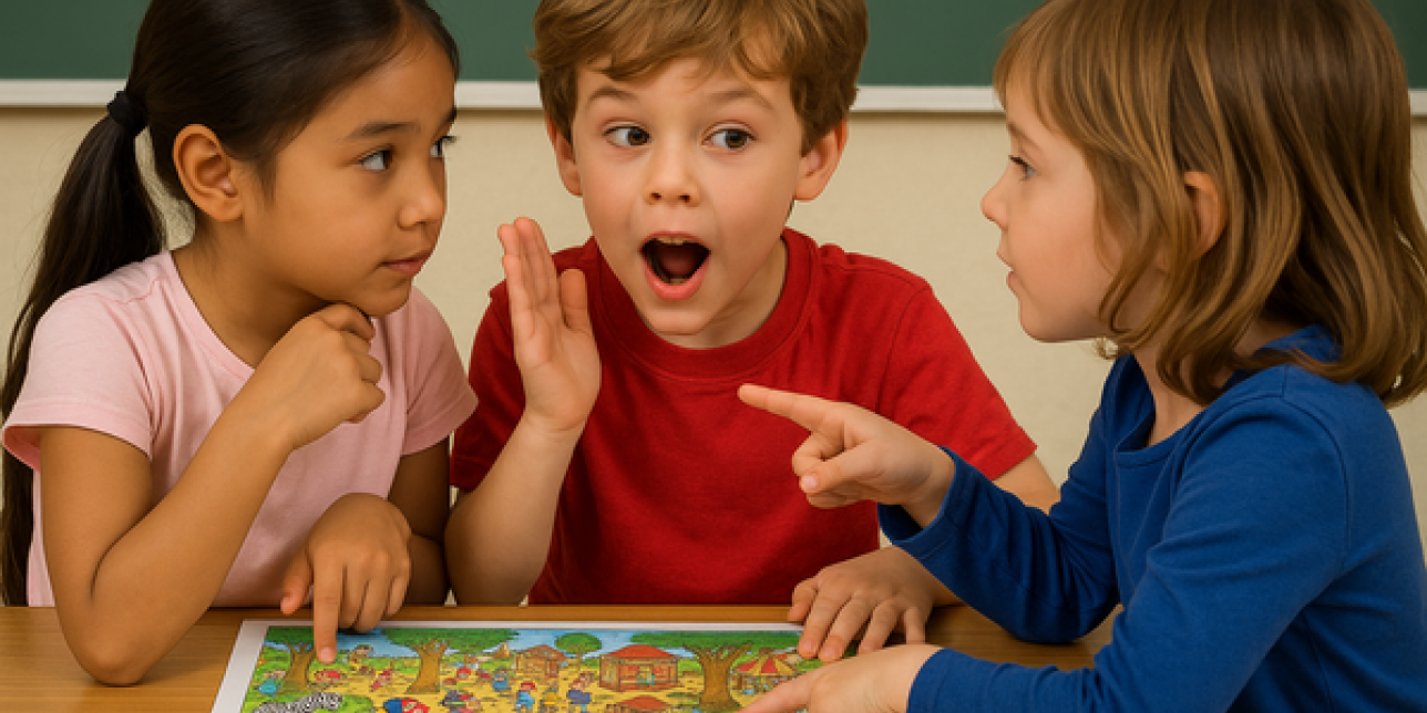 Tres niños jugando a describir y adivinar elementos de una escena ilustrada.