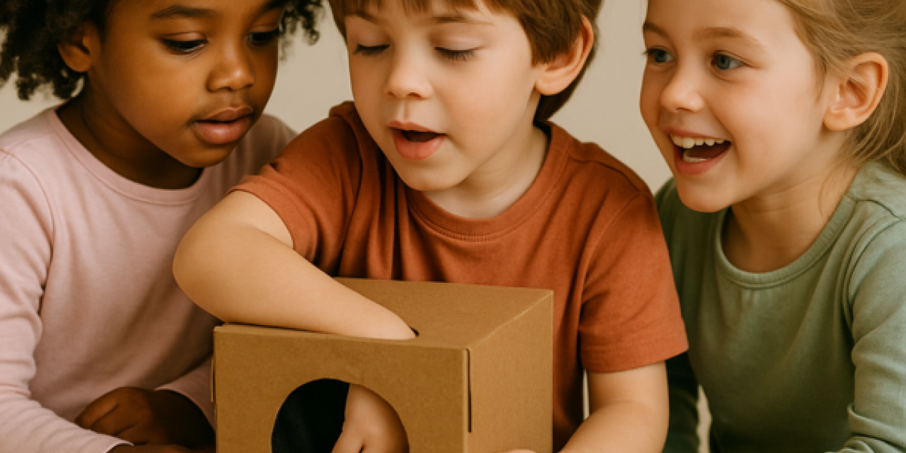 Un niño explora un objeto al tacto con los ojos cerrados mientras dos compañeras observan con emoción.