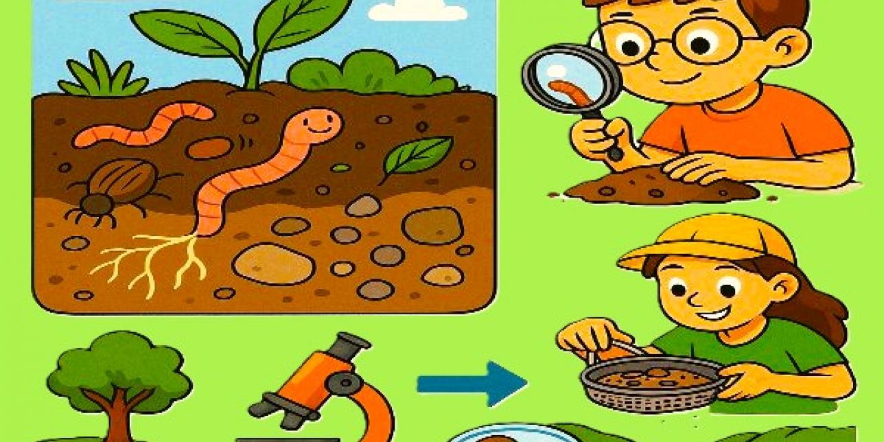 Niños investigando el suelo con lupas y microscopio