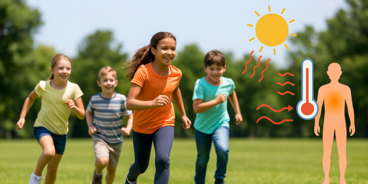 Niños y niñas corriendo, silueta de figura humana con un termómetro mostrando la temperatura.
