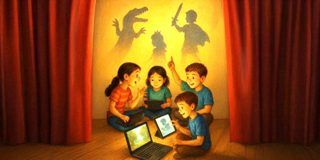 Niños jugando con sus computadoras y las sombras de seres imaginarios.