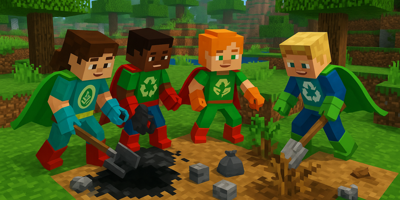 Niños superhéroes cuidando al suelo al estilo de Minecraft