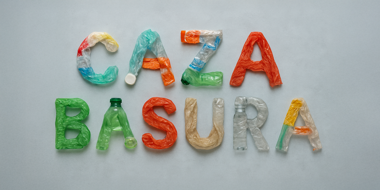 Texto "CAZABASURA" formado con botellas y bolsas plásticas.