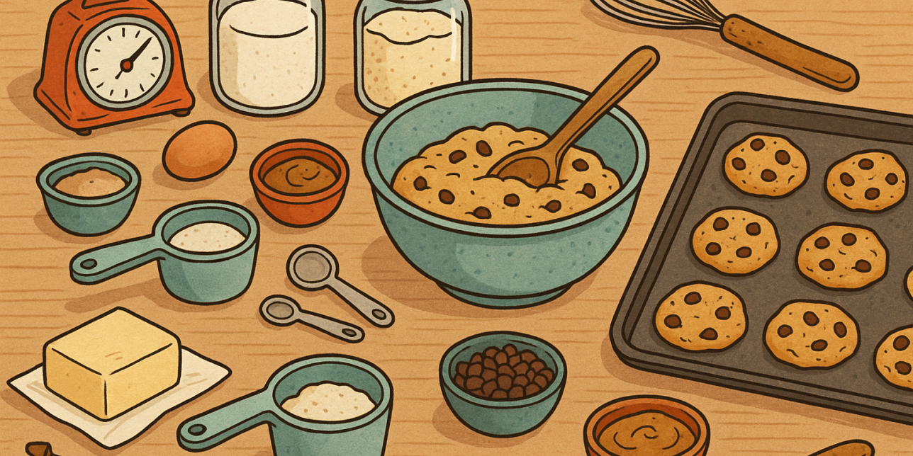 Ilustración. Superficie cubierta con los ingredientes de la receta para preparar galletas de chocolate.