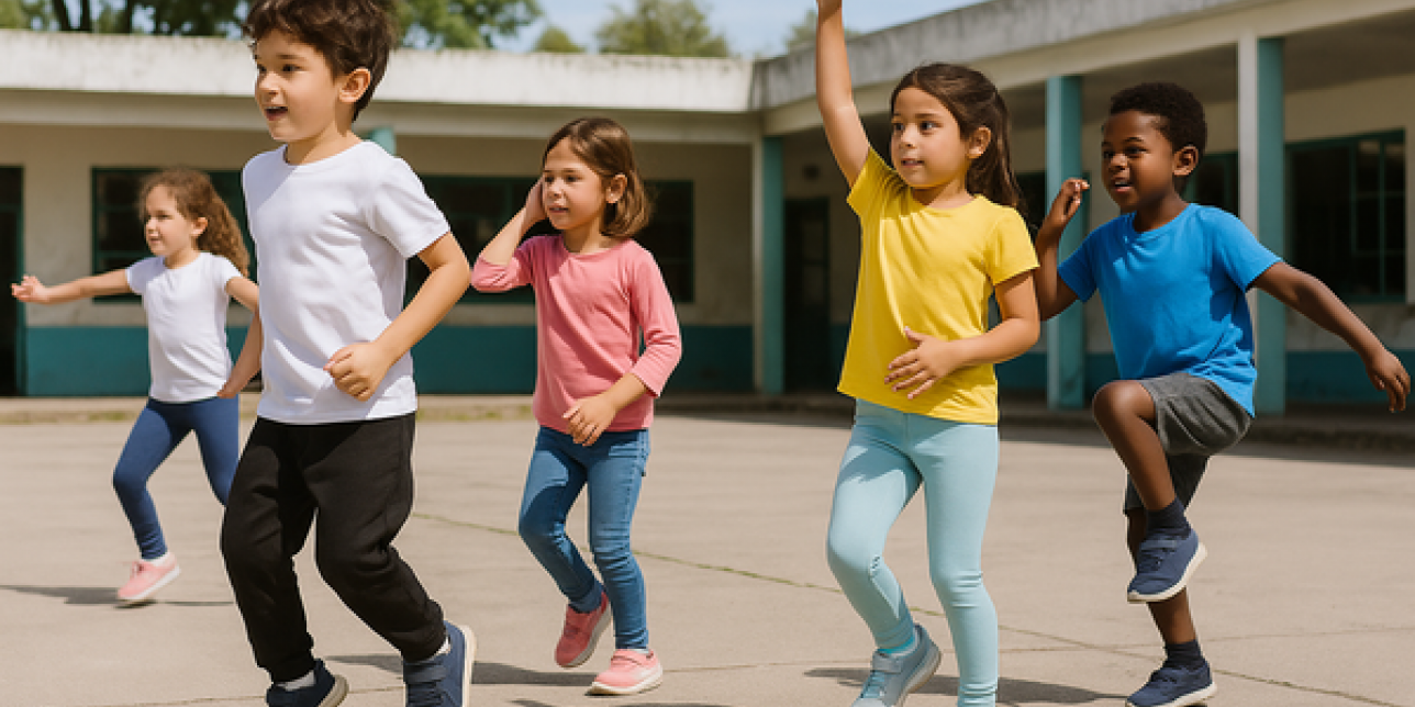 Niños realizando gestos rítmicos en el patio escolar.
